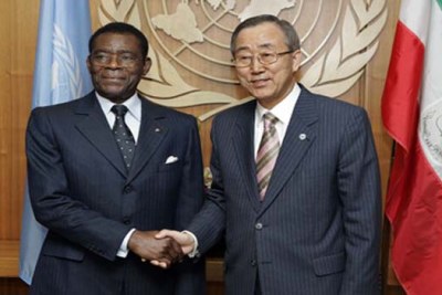 Secretary-General Ban Ki-moon (right) meets with Obiang Nguema Masogo, President of Equatorial Guinea, at UN Headquarters in New York.