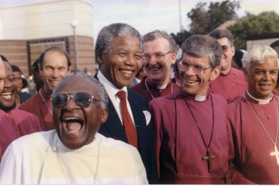 Archbishop Desmond Tutu and his bishops welcome Nelson Mandela out of prison at a meeting in Jabavu, Soweto, in February, 1990.