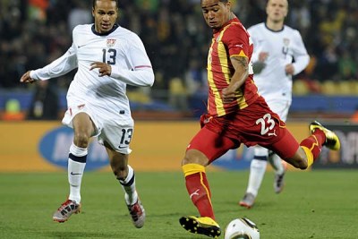 Kevin Prince Boateng of Ghana scores the first goal in the Black Stars' clash with the United States at the 2010 World Cup.