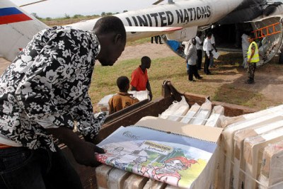 United Nations mission helicopters deliver electoral materials to remote parts of Sudan.