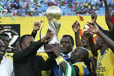Nation Kilimanjaro Stars celebrate winning the Senior Chalenge Cup at the National Stadium in Dar es Salaam on Sunday.