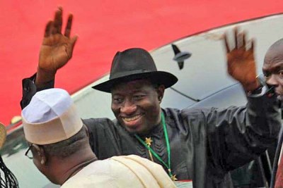 President Goodluck Jonathan waves to supporters.