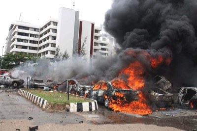 The aftermath of the bomb explosion at the Nigerian Police Headquarters in Abuja on June 16, 2011.