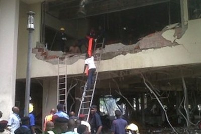 The aftermath of the bomb blast that hit the UN building in Abuja, Nigeria.