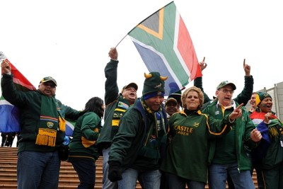 (Photo d'archives) - Des supporters des Springbok jubilant lors de la Coupe du Monde de rugby de 2011 à Auckland, New Zealand.