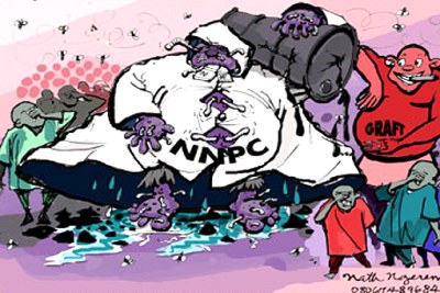 Cartoon depicting illegalities in the Nigerian petroleum sector.