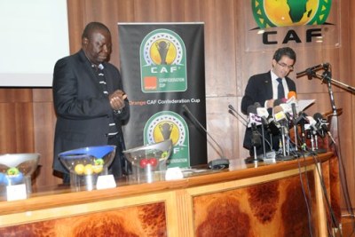 CAF officials announcing the draw for the Orange CAF Champions League group stage and the second 1/8th round of the Orange CAF Confederation at CAF HQ in Cairo.