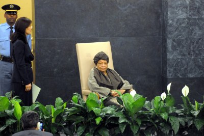 President Ellen Johnson Sirleaf waits to address the UN General Assembly (file photo).