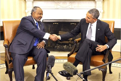President Obama and President Ismail Omar Guelleh of Djibouti discuss ways to strengthen security and economic ties at their meeting in the White House (file photo).