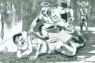 Drawing depicting the torture of inmates by Nigerian police forces (file photo).