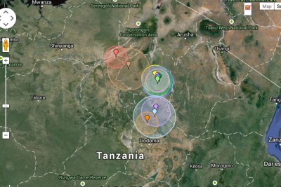 Epicentres of earthquakes that occurred between 2009 and 2014 in Tanzania.