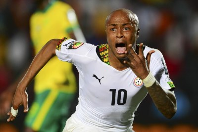 Andre Ayew du Ghana explose de joie après avoir marqué le deuxième but portant les Black Stars en quarts de finale de la Coupe d'Afrique des Nations de Football.