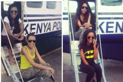 Ndanu Munene Mbithi, in yellow, said to be the daughter-in-law of Police Air Wing commandant Rogers Mbithi poses with an unidentified friend on a police plane in a picture she uploaded on her Instagram page.