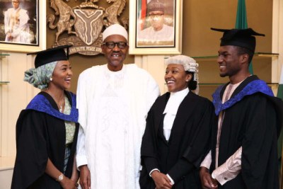 President Buhari with his children Zahra Buhari, Halima Buhari Sheriff who has been admitted to the Bar, and Yusuf Buhari.
