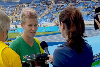 South Africa's Banyana Banyana captain Janine van Wyk being interviewed by the press in Rio after her team lost 1-0 to Sweden in the first match of the 2016 Rio Olympic Games currently underway in Brazil. South Africa's SABC is one of many African broadcasters sending a team to Rio to provide regular updates. Broadcasters covering the Rio games will operate from within the GE-powered International Broadcast Center from where their broadcast signals will be beamed to their various countries.