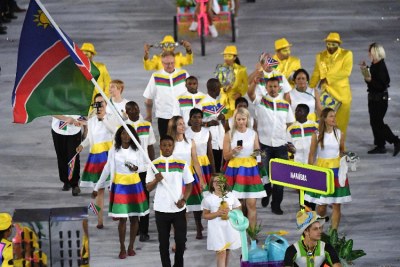 Namibia's Olympic flagbearer Jonas Junias Jonas leads the pack at the ope­ning ceremony of the Rio 2016 Olympic Games at the Maracana.