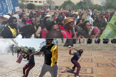 Protests at the University of Pretoria, top, where SRC elections were suspended, and clashes between students and security guards at the University of Witwatersrand, bottom.