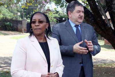 Gender Affairs Cabinet Secretary Sicily Kariuki with Stefano Dejak, the head of the European Union delegation to Kenya, at a media briefing in Nairobi.