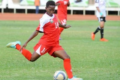 Harambee Starlets striker Esse Akida in action against Egypt during their international friendly match on October 28, 2016 at Safaricom Stadium.