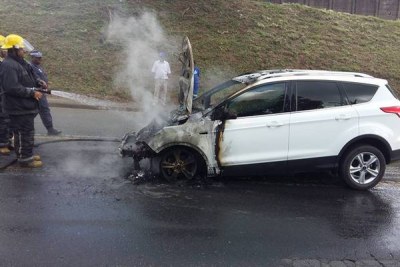 A Ford Kuga family SUV after it burst into flames in Durban despite technicians assuring the owner the vehicle was safe to drive.