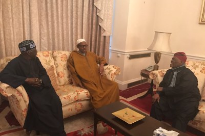 President Buhari currently receiving party leaders, Asiwaju Bola Ahmed Tinubu and Chief Bisi Akande, in Abuja House, London.