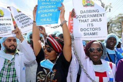 Doctors from private hospitals protest in Kisumu on February 14, 2017.