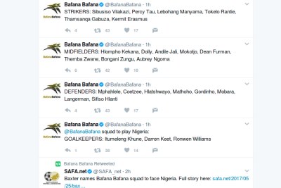 Bafana Bafana squad to face Nigeria.