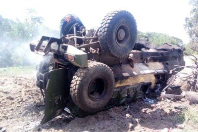 An armoured personnel carrier that ran over an explosive planted by suspected Al-Shabaab militants in Lamu County killing seven policemen and a civilian.