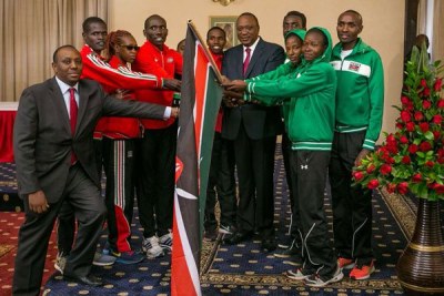 President Uhuru Kenyatta meets members of the teams that will represent Kenya in upcoming athletics events. They met at State House in Nairobi on July 8, 2017.