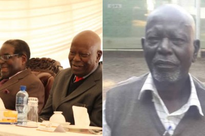 President Robert Mugabe flanked and former Zanu-PF national chairman Didymus Mutasa share a lighter moment during happy times, Mutasa after getting sacked, right.