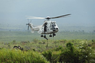 Sake, province du Nord-Kivu, République démocratique du Congo: les Forces spéciales de la MONUSCO effectuent une formation héliportée en vue de prochaines opérations aériennes