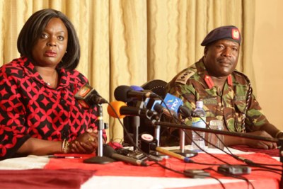 Defence Cabinet Secretary Raychelle Omamo addressing journalists at the defence headquarters in Nairobi.