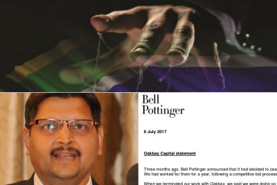 Top: Title image of former public protector Thuli Madonsela's State Capture report. Bottom-left: Atul Gupta. Bottom-right: Bell Pottinger statement on ceasing work with the Gupta-owned Oakbay company.