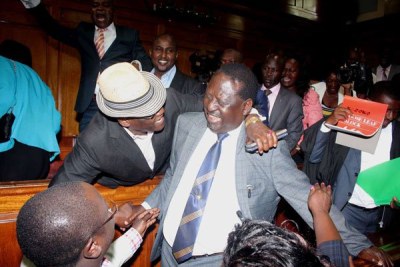 Raila Odinga celebrates the Supreme Court's decision with other National Super Alliance leaders.