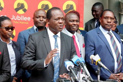 Jubilee Party Secretary General Raphael Tuju with other leaders during a press conference at the party’s headquarters in Nairobi.