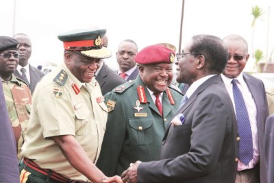 From left, General Constantine Chiwenga, Major-General Douglas Nyikayaramba and President Robert Mugabe (file photo).