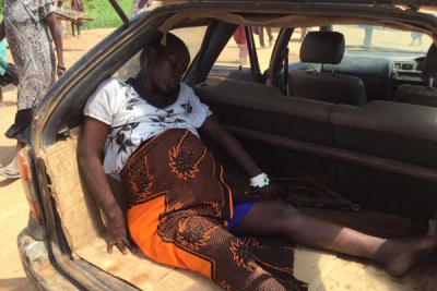 Jamila Faidah in the boot of a Toyota G-Touring before being transported to Adjumani Hospital to deliver.