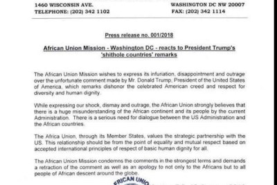 African Union Mission to the USA reacts to President Trump's 'shithole countries' remarks.