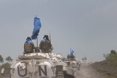 UN peacekeeping mission in Democratic Republic of the Congo (MONUSCO) BMP armored vehicle on patrol.