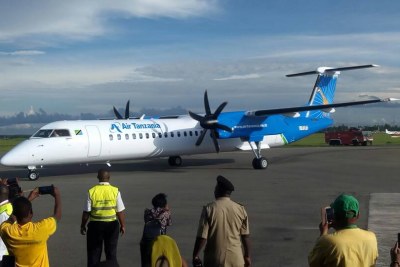 Bombardier Q-400 received a water salute, involving firefighting rigs spraying arcs of water over it as a sign of respect, honour and gratitude on its arrival in Tanzania.