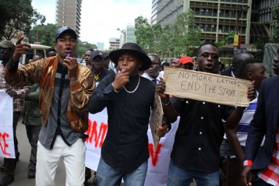 University students demonstrate against the ongoing lecturers' strike, in Nairobi on April 4, 2018.
