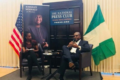 Prof. Kingsley Moghalu speaking at a town hall meeting on April 5, 2018 in Washington DC.