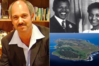 Left: Former Robben Island Prison guard Christo Brand. Top-right: Nelson and Winnie Mandela on their wedding day. Bottom-right: Aerial view of Robben Island.