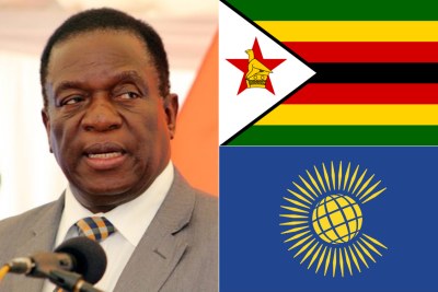 Left: Zimbabwean President Emmerson Mnangagwa. Top-right: Flag of Zimbabwe. Bottom-right: Flag of the Commonwealth of Nations.