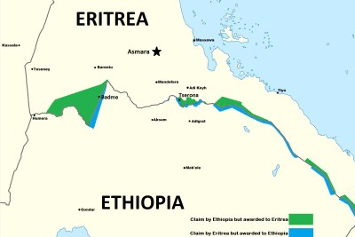 Map showing the disputed border between Ethiopia and Eritrea.