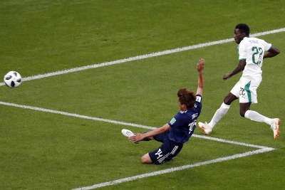Moussa Wague of Senegal scores his side's second goal to bring the score against Japan to 2-1 in their World Cup clash n Ekaterinburg on Sunday.