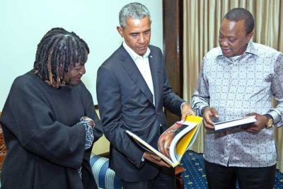 President Uhuru Kenyatta with the 44th US President Barack Obama when he paid him a courtesy call at State House, Nairobi on July 15, 2018. On the left is Mr Obama’s half sister Dr Auma Obama.
