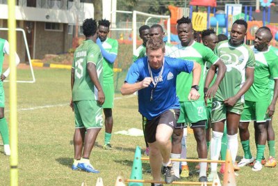 Gor Mahia head coach Dylan Kerr leads a training session at the Parklands Sports Club.