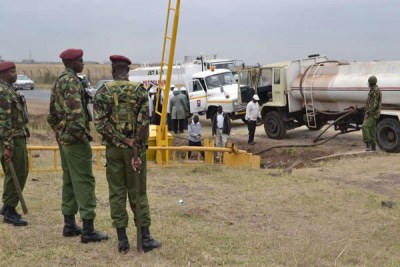 General Service Unit officers cordon off an area where jet fuel spilt near Kenya Pipeline depot on North Airport Road (file photo).