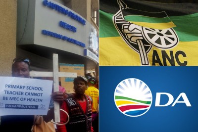 Left: Angry families protest over Life Esidimeni deaths scandal outside the Gauteng health department offices in Johannesburg (file photo). Top-right: African National Congress flag. Bottom-right: Democratic Alliance flag.